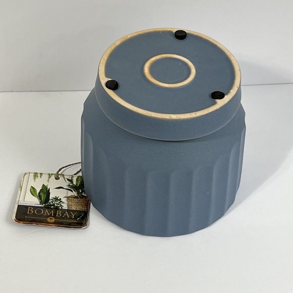 Bombay Ribbed Ceramic Planter 5.5” Drainage Hole Saucer Matte Blue Flower Pot - Picture 7 of 14